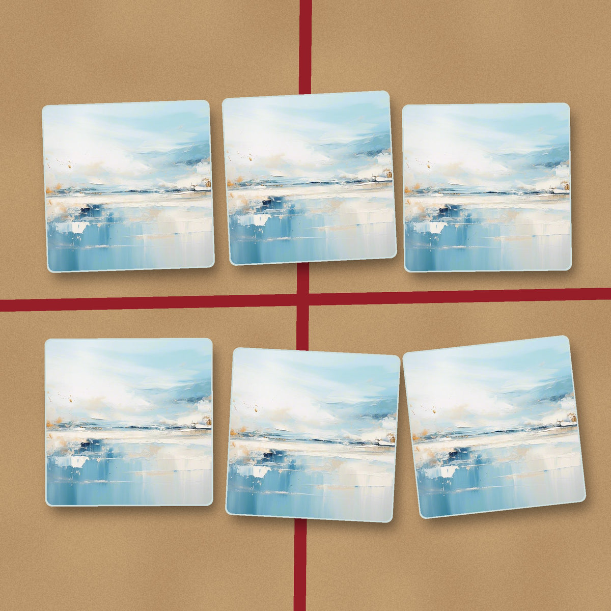 Blue Minimalist Seascape square glass coasters on kraft gift wrap