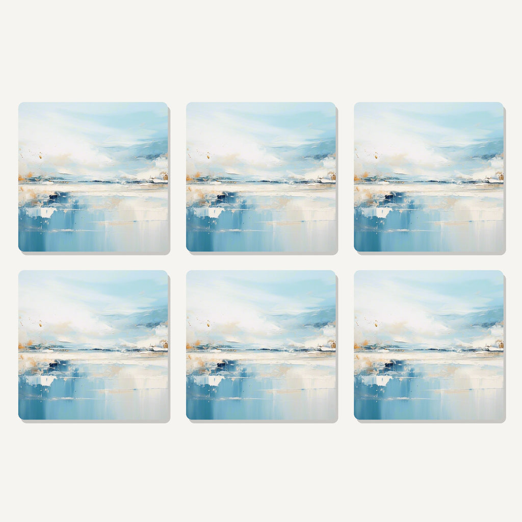 Flat lay of the blue minimalist seascape artwork on six square coasters