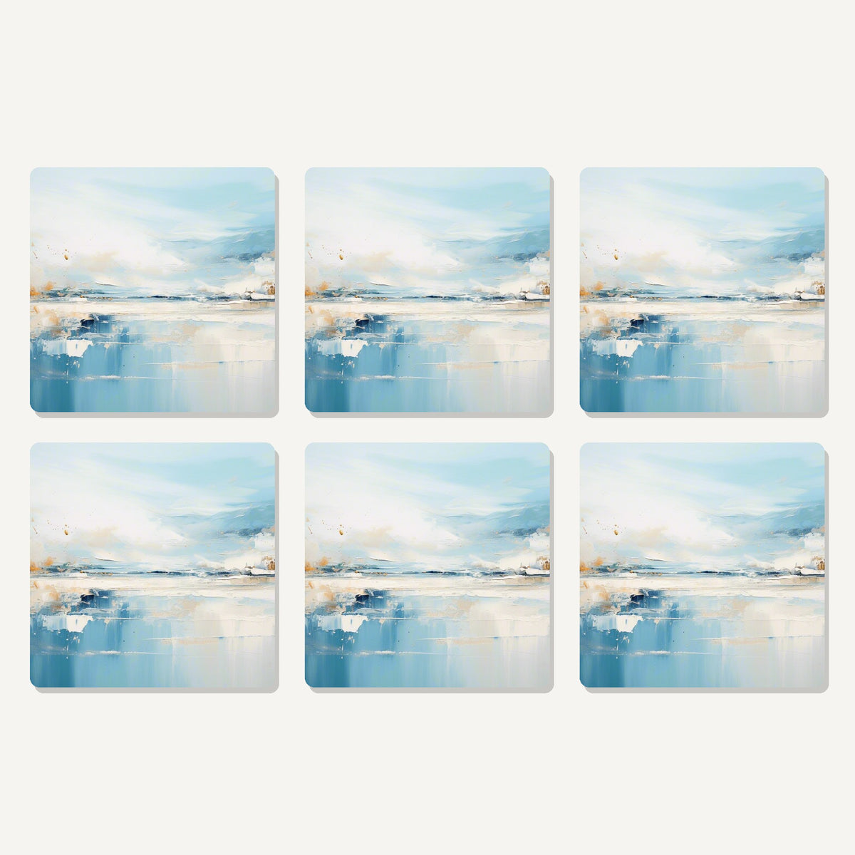 Flat lay of the blue minimalist seascape artwork on six square coasters