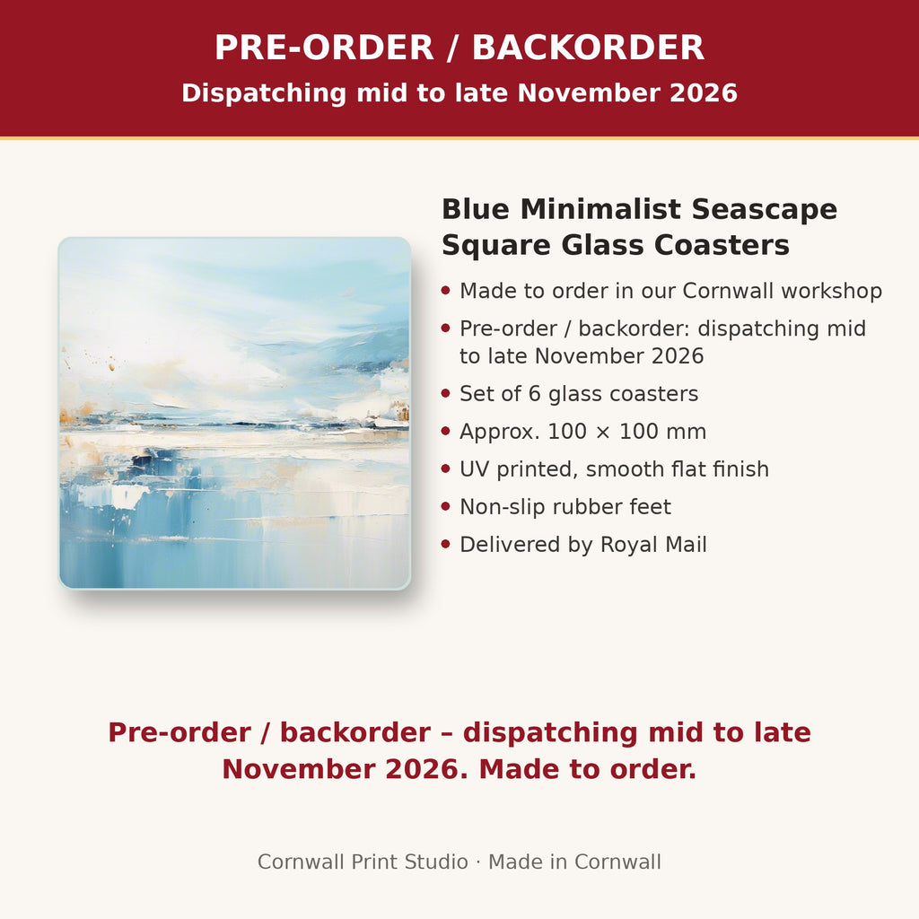 Info card: Blue Minimalist Seascape Square Glass Coasters – Set of 6, made to order, dispatching mid to late November 2026, delivered by Royal Mail