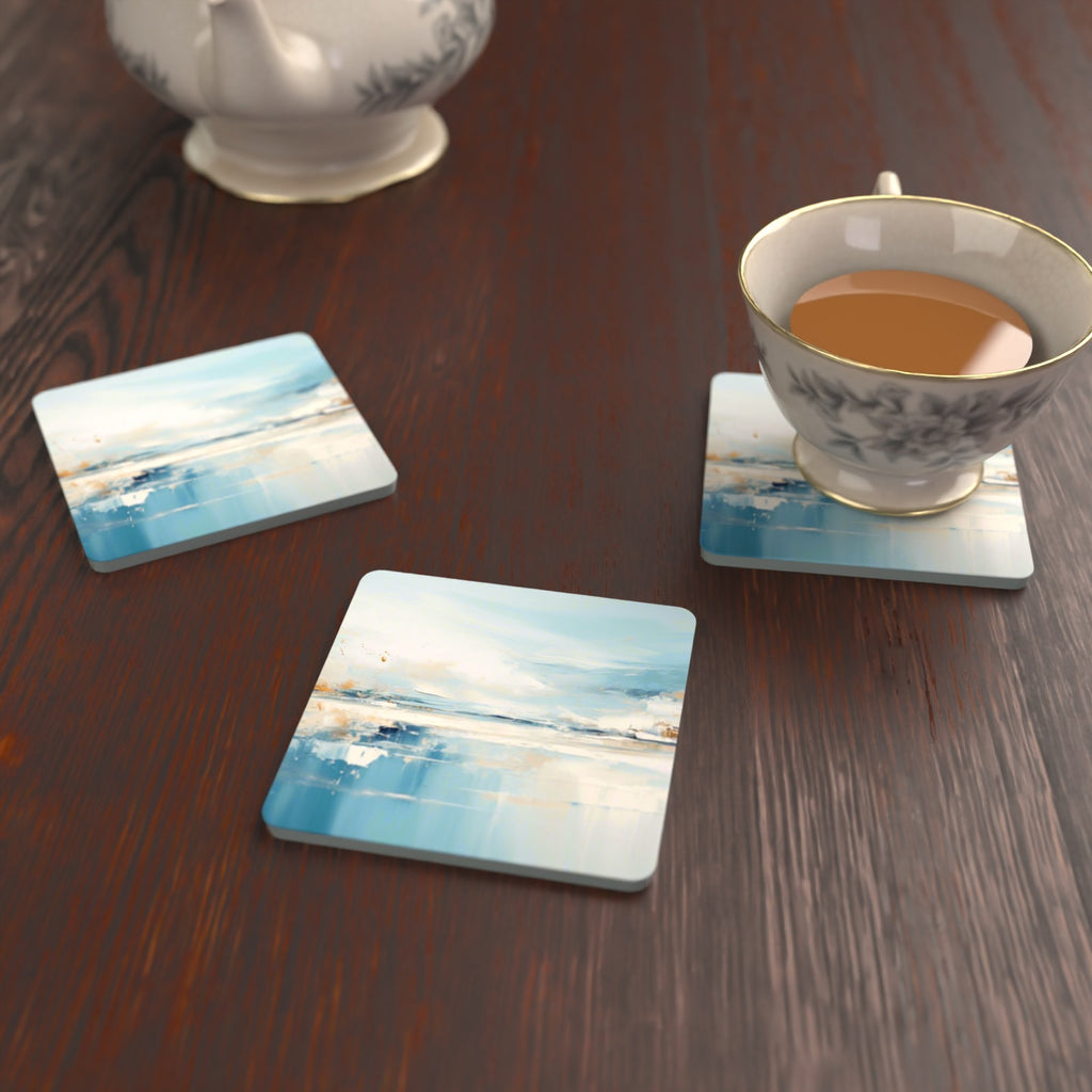 Blue Minimalist Seascape Square Glass Coasters – Set of 6 – lifestyle mockup with a teacup