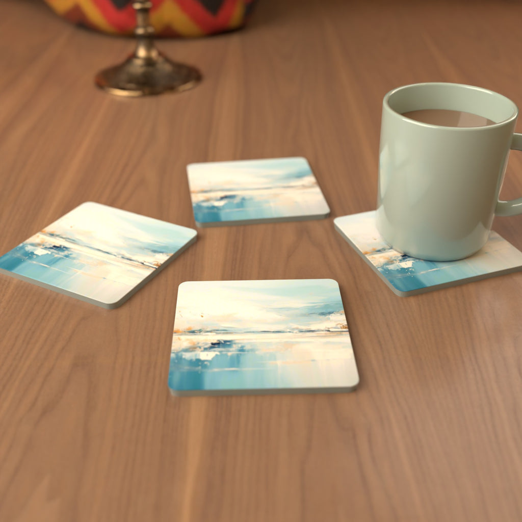 Blue Minimalist Seascape Square Glass Coasters – Set of 6 – cosy lifestyle mockup