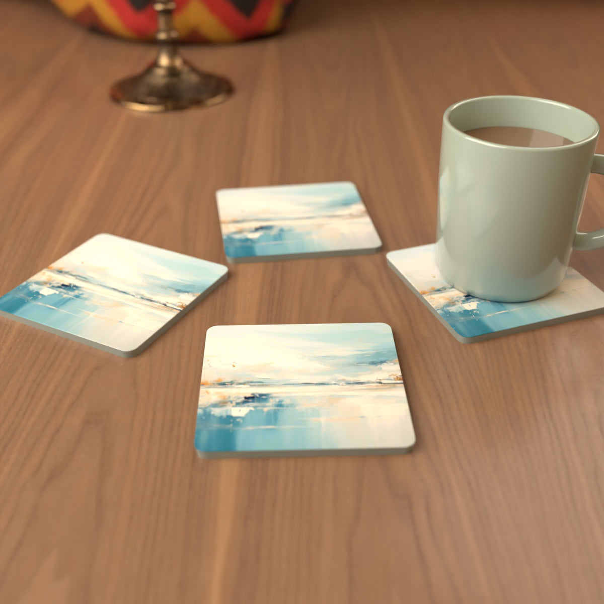 Blue Minimalist Seascape Square Glass Coasters – Set of 6 – cosy lifestyle mockup