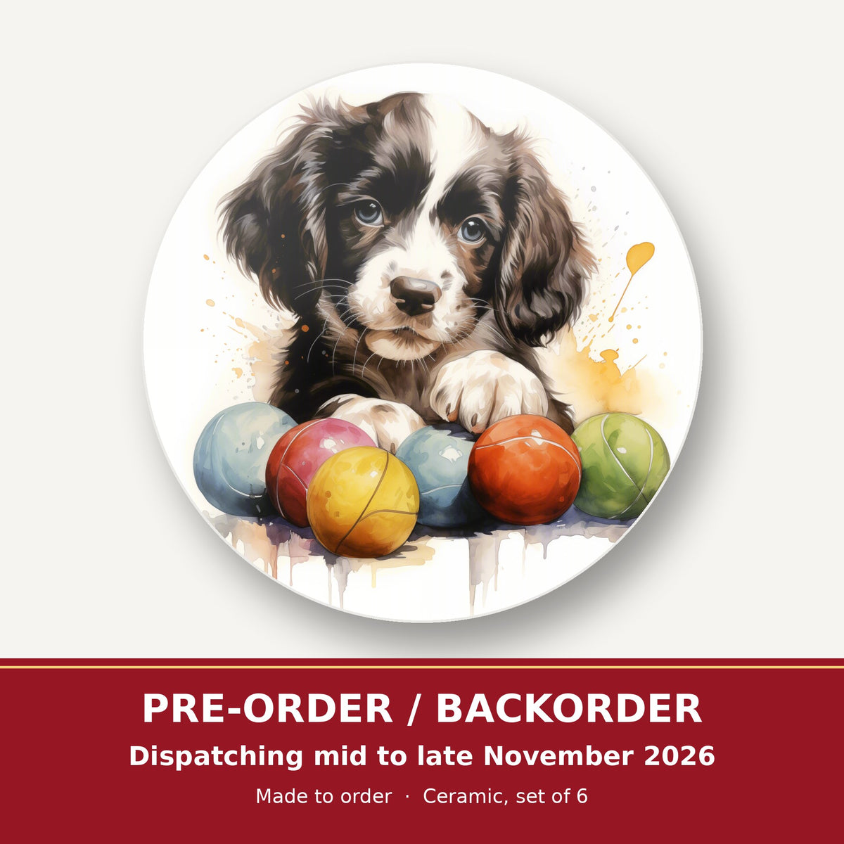 Springer Spaniel Puppy with Balls round ceramic coaster set of 6 – pre-order / backorder, dispatching mid to late November 2026