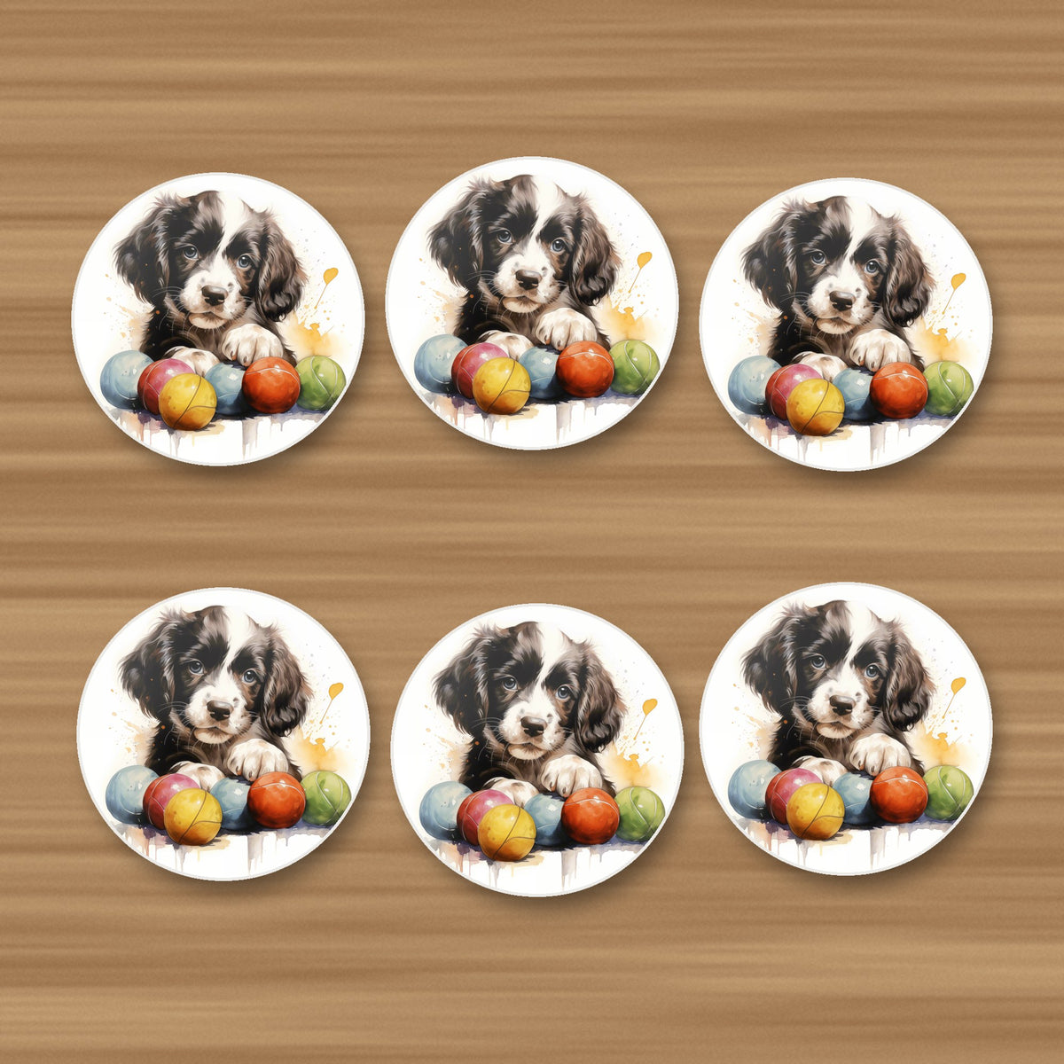 Springer Spaniel Puppy with Balls round ceramic coasters, set of 6, on an oak coffee table
