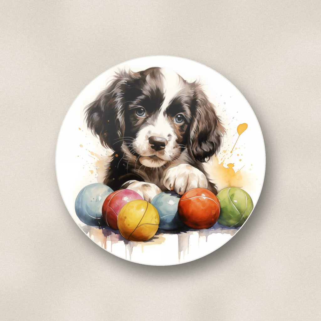Close-up of one springer spaniel puppy with balls round ceramic coaster, flat UV print