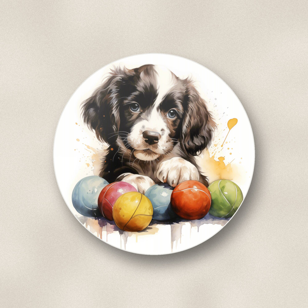 Close-up of one springer spaniel puppy with balls round ceramic coaster, flat UV print