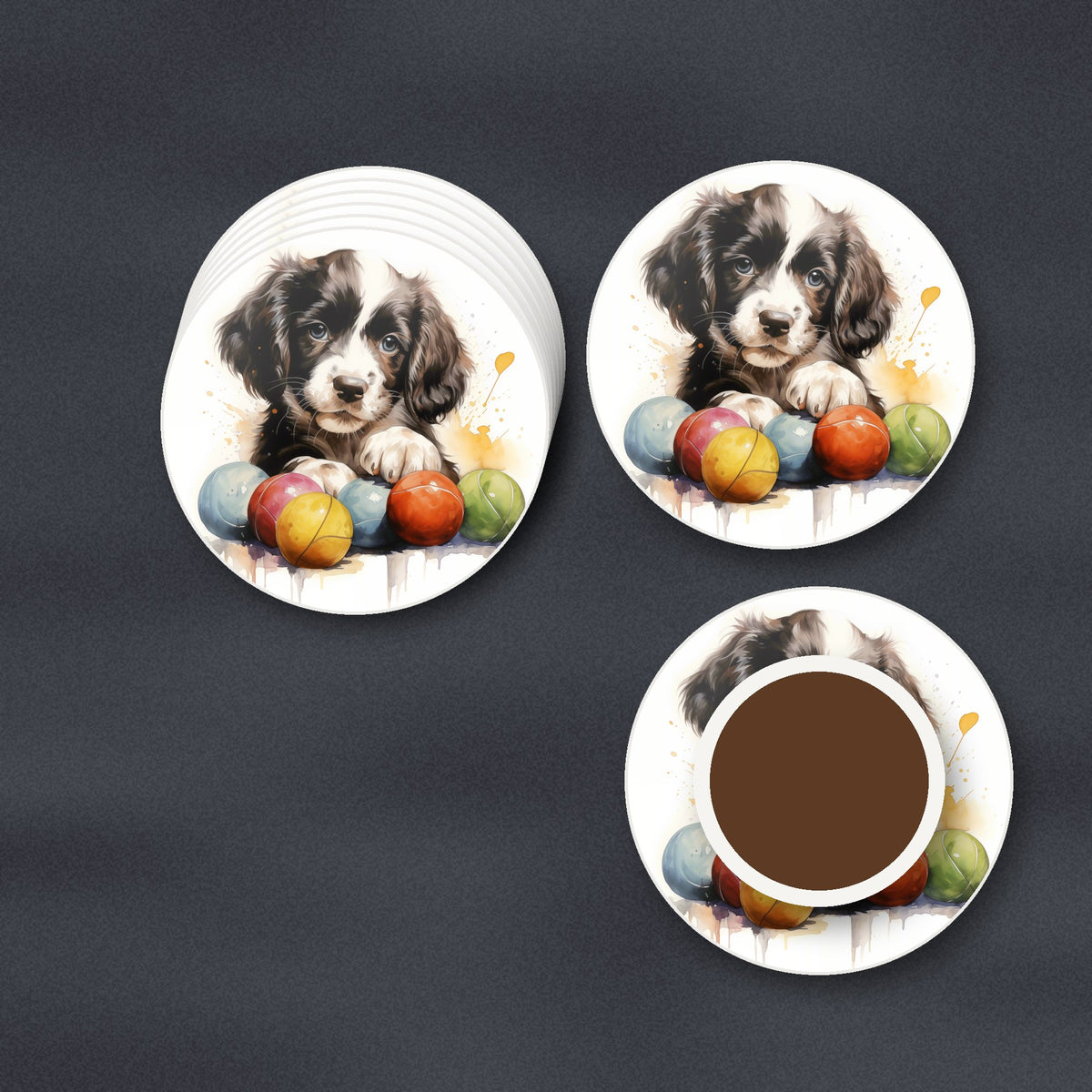 Springer Spaniel Puppy with Balls round ceramic coasters stacked on a slate kitchen worktop