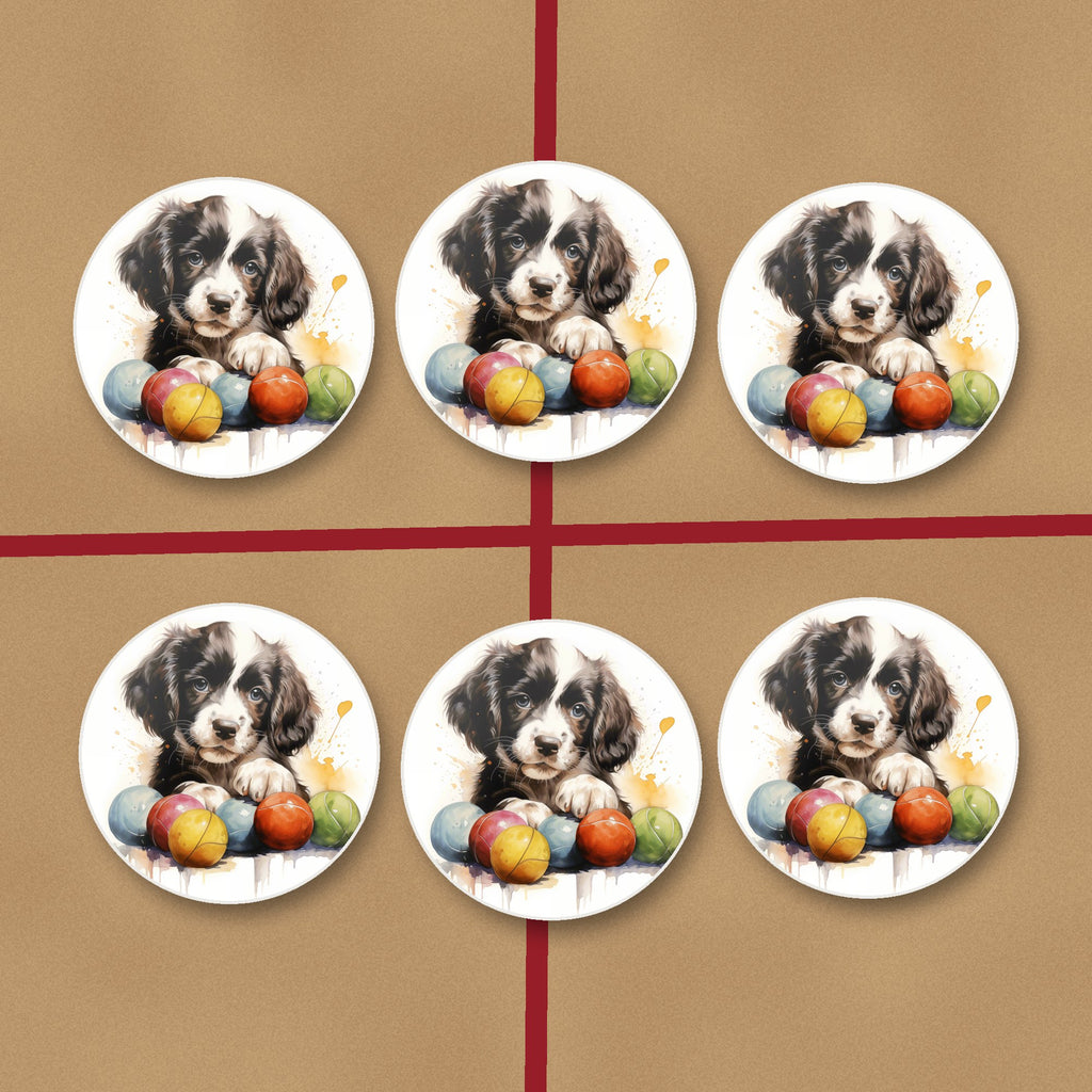 Springer Spaniel Puppy with Balls round ceramic coasters on kraft gift wrap