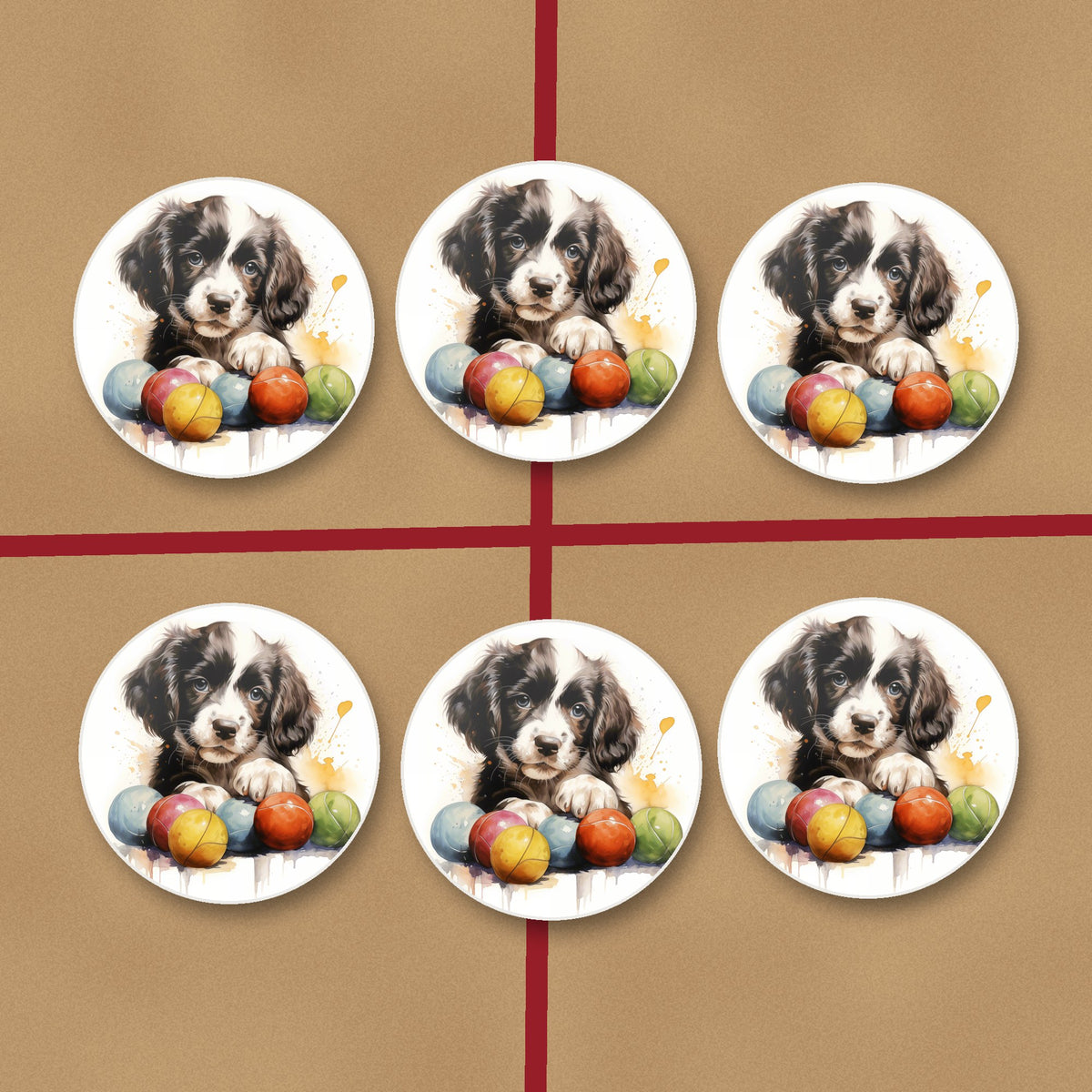 Springer Spaniel Puppy with Balls round ceramic coasters on kraft gift wrap