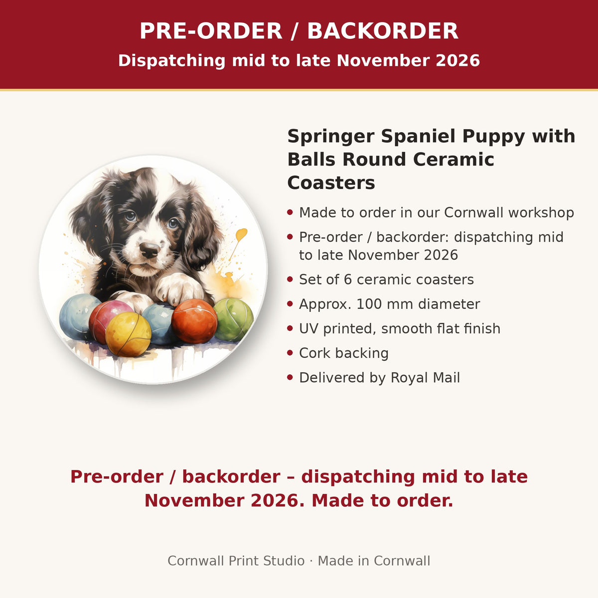 Info card: Springer Spaniel Puppy with Balls Round Ceramic Coasters – Set of 6, made to order, dispatching mid to late November 2026, delivered by Royal Mail