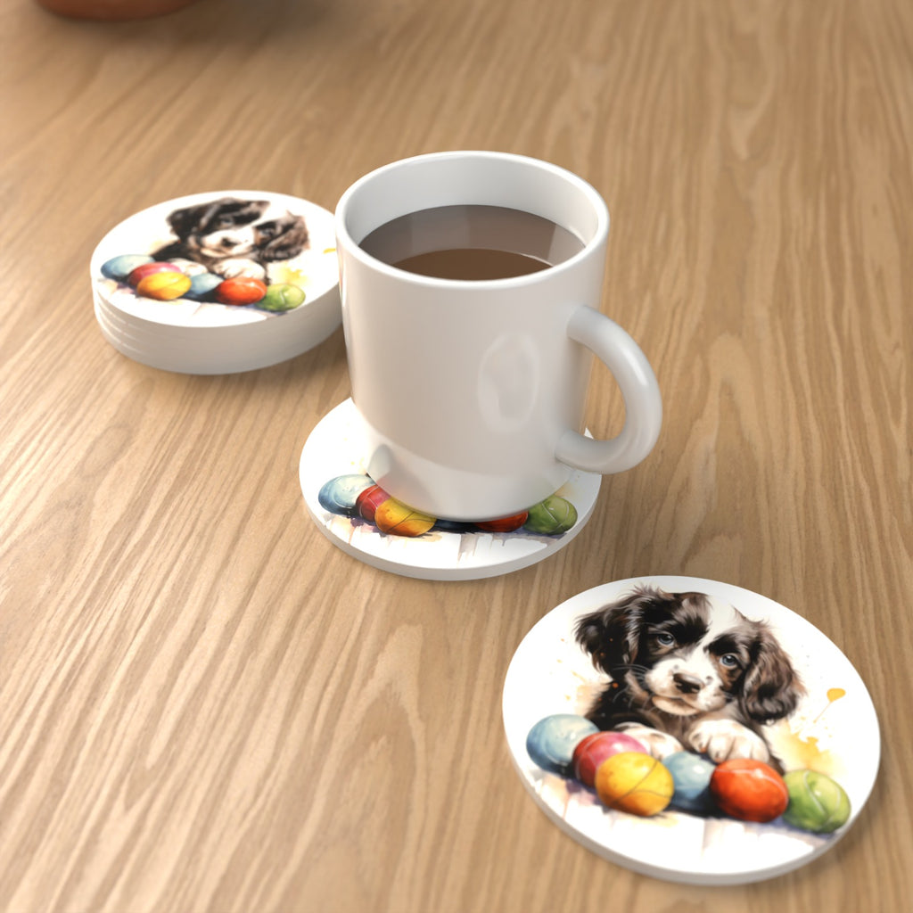 Springer Spaniel Puppy with Balls Round Ceramic Coasters – Set of 6 – lifestyle mockup with a mug of coffee