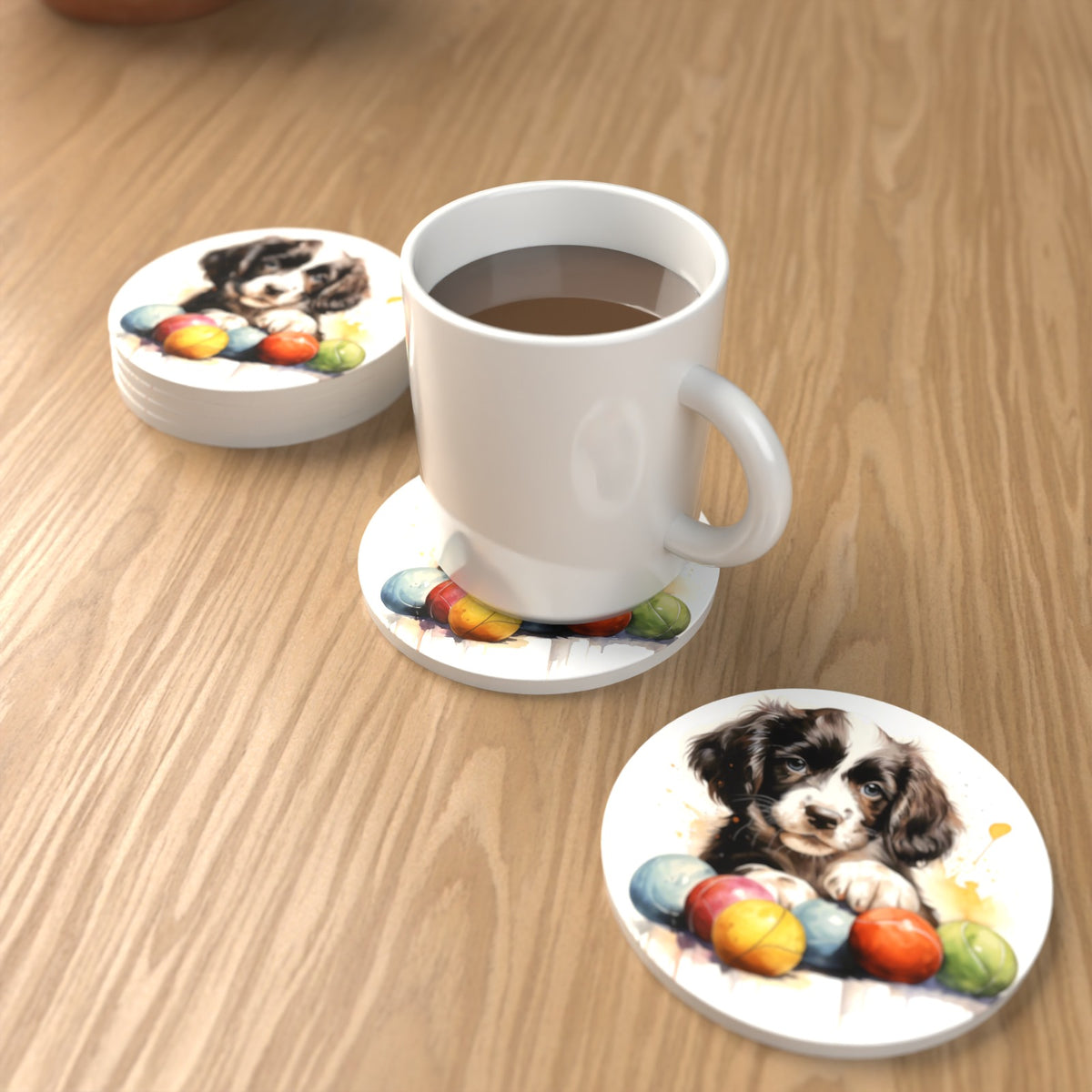 Springer Spaniel Puppy with Balls Round Ceramic Coasters – Set of 6 – lifestyle mockup with a mug of coffee