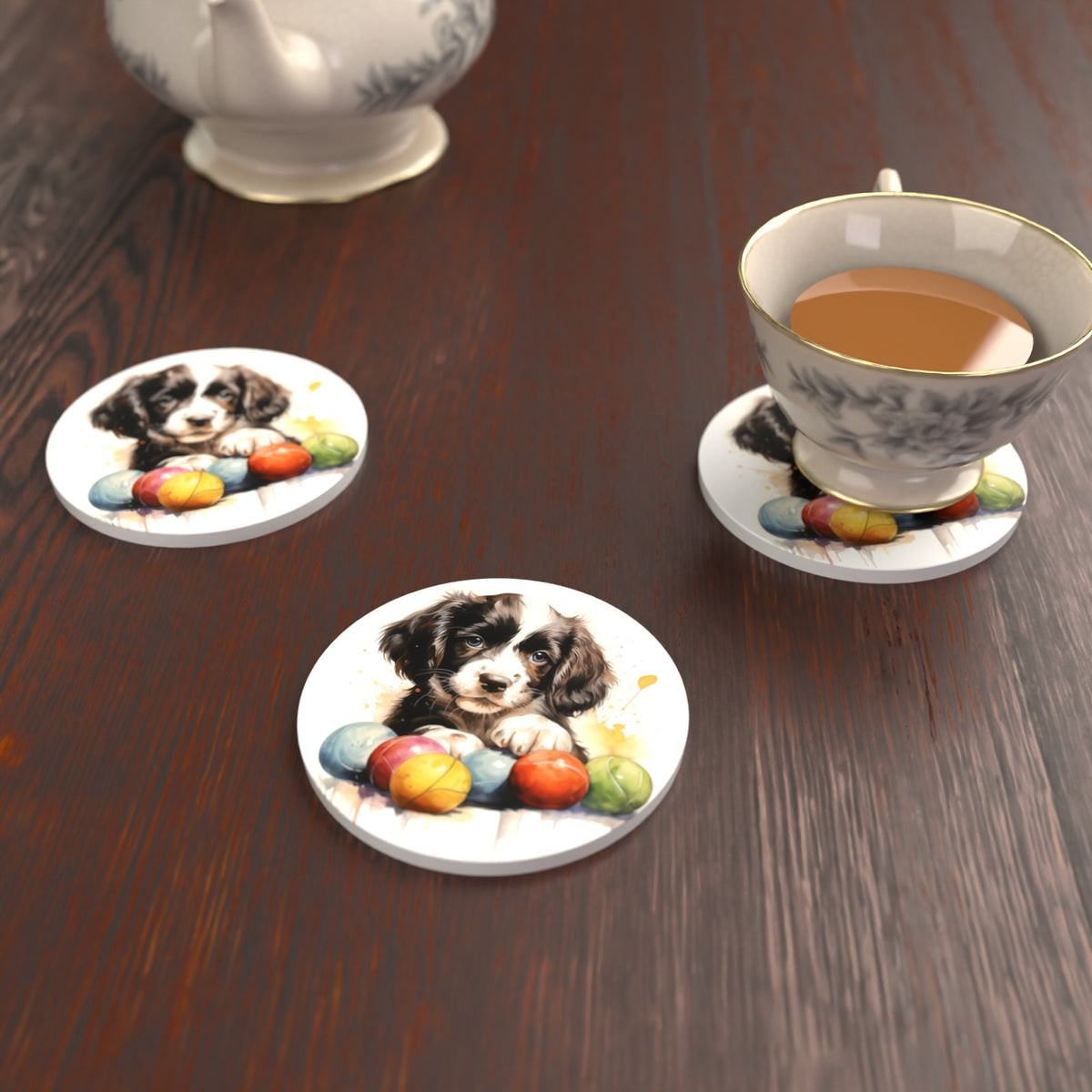 Springer Spaniel Puppy with Balls Round Ceramic Coasters – Set of 6 – lifestyle mockup with a teacup