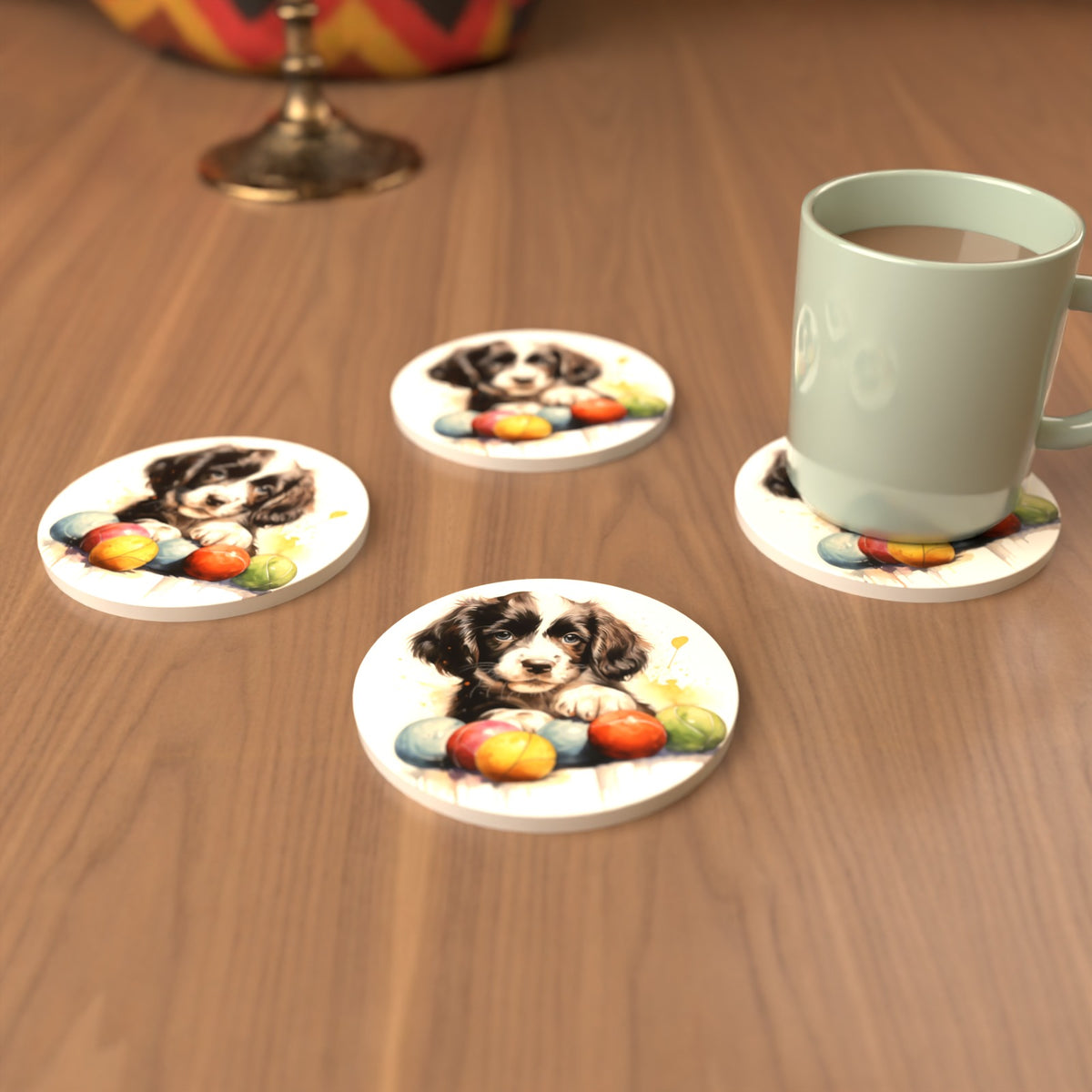 Springer Spaniel Puppy with Balls Round Ceramic Coasters – Set of 6 – cosy lifestyle mockup