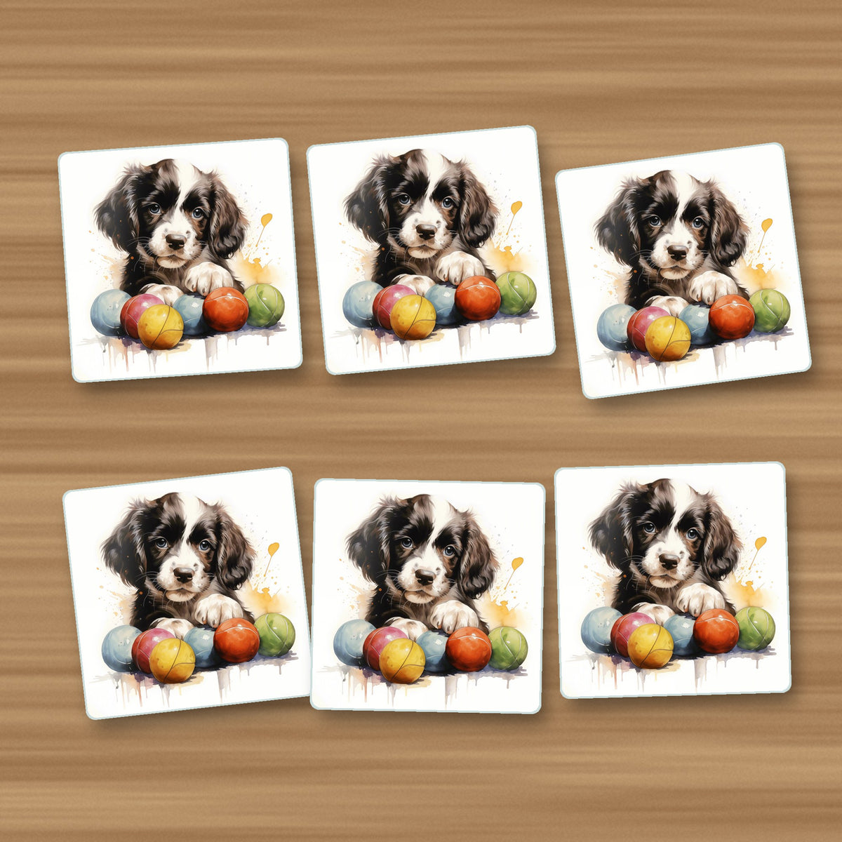 Springer Spaniel Puppy with Balls square glass coasters, set of 6, on an oak coffee table