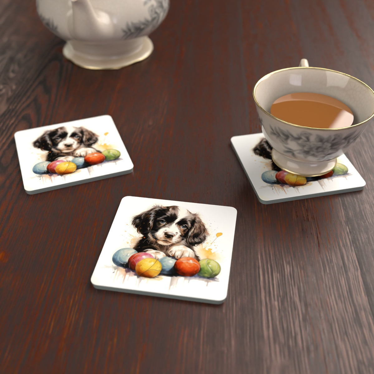 Springer Spaniel Puppy with Balls Square Glass Coasters – Set of 6 – lifestyle mockup with a teacup