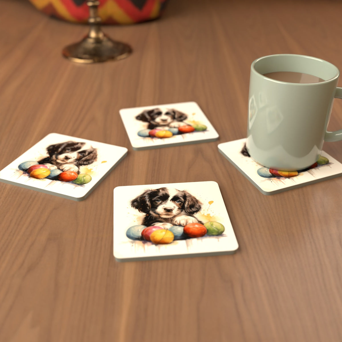 Springer Spaniel Puppy with Balls Square Glass Coasters – Set of 6 – cosy lifestyle mockup
