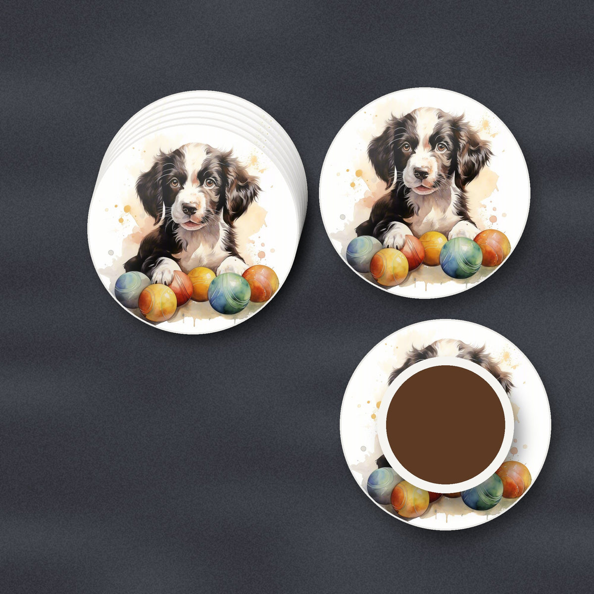 Springer Spaniel Puppy No.2 round ceramic coasters stacked on a slate kitchen worktop