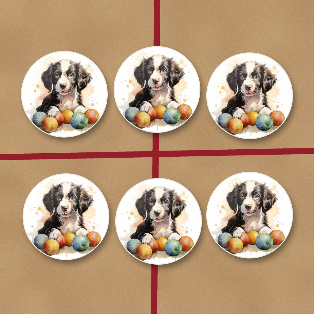 Springer Spaniel Puppy No.2 round ceramic coasters on kraft gift wrap