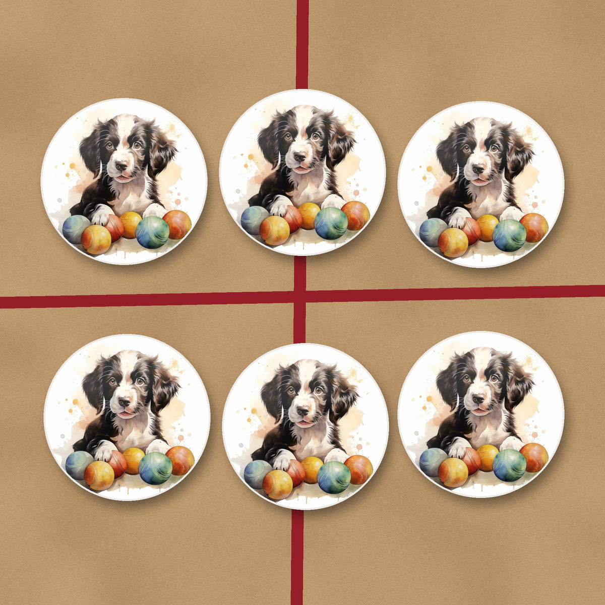 Springer Spaniel Puppy No.2 round ceramic coasters on kraft gift wrap