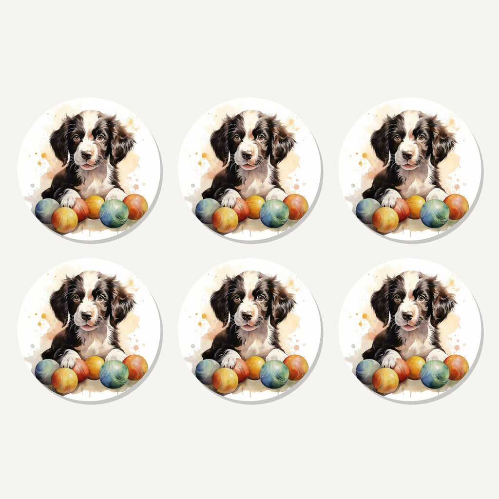 Flat lay of the springer spaniel puppy no.2 artwork on six round coasters