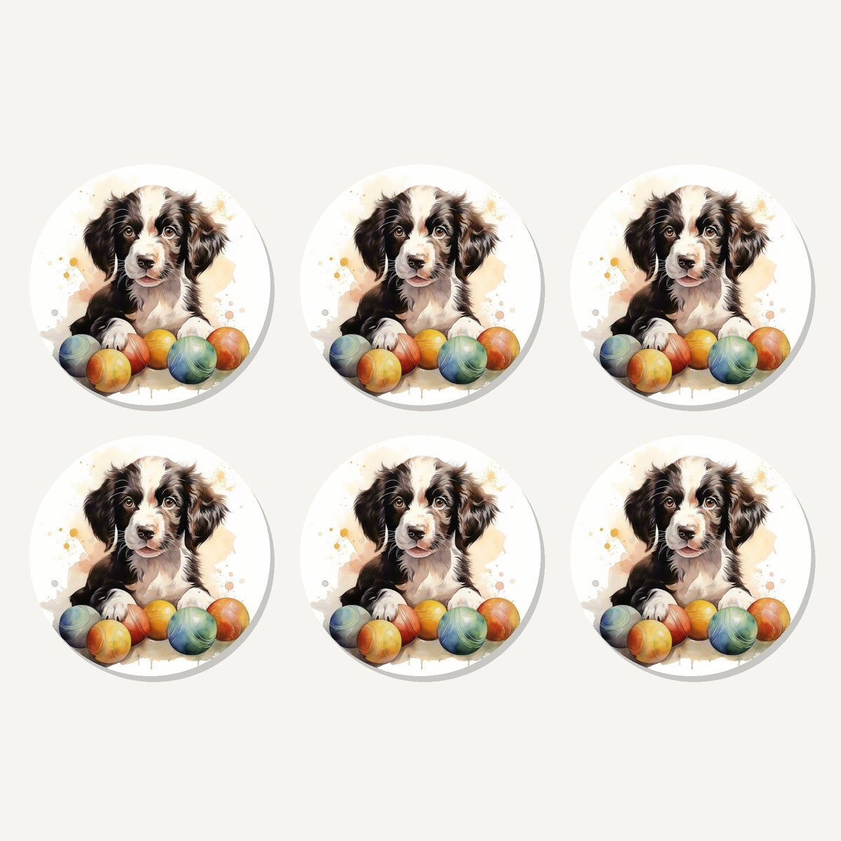 Flat lay of the springer spaniel puppy no.2 artwork on six round coasters