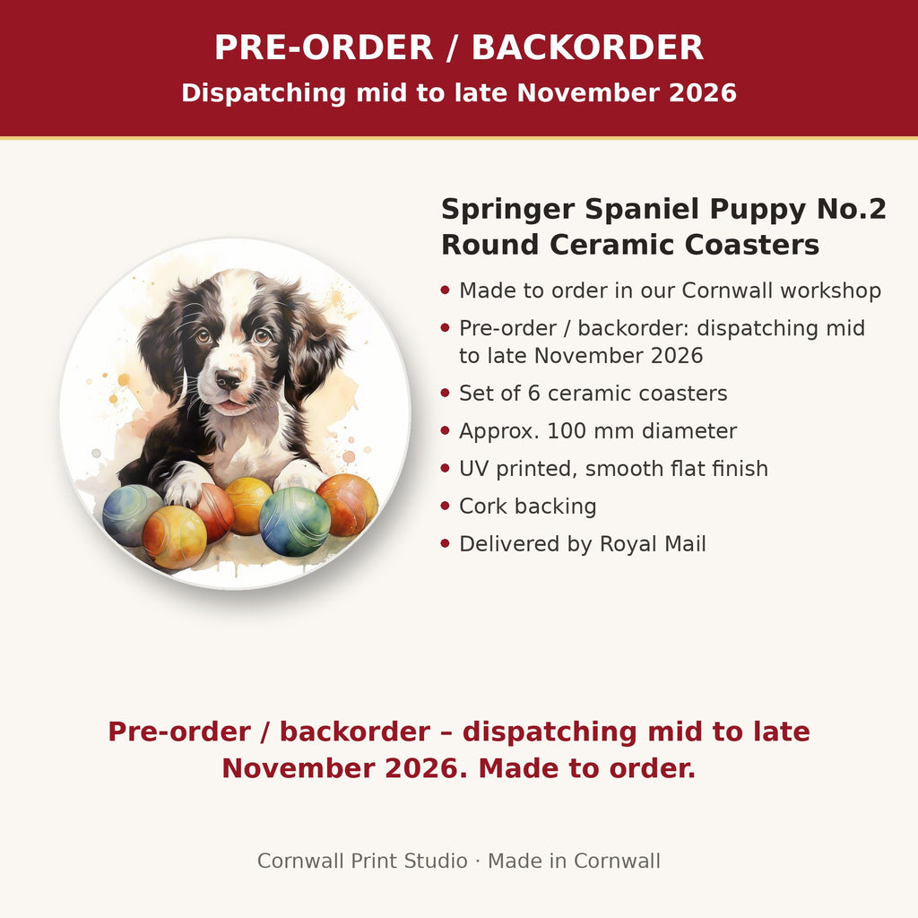 Info card: Springer Spaniel Puppy No.2 Round Ceramic Coasters – Set of 6, made to order, dispatching mid to late November 2026, delivered by Royal Mail