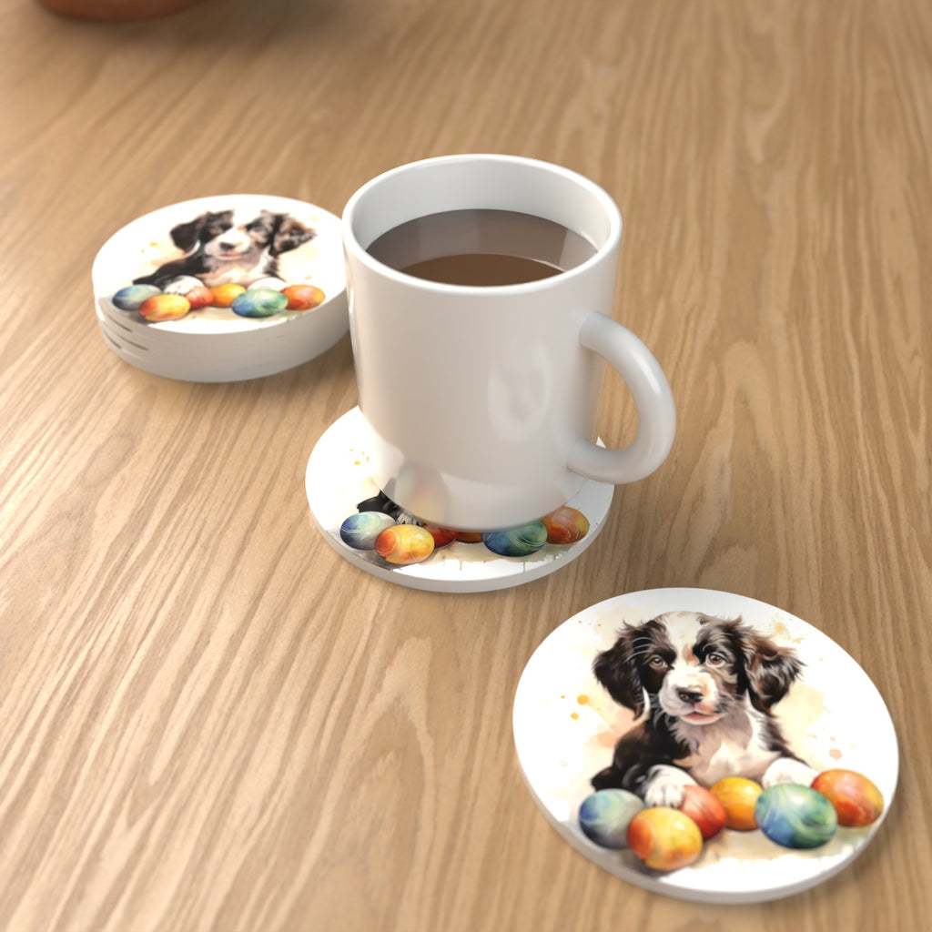Springer Spaniel Puppy No.2 Round Ceramic Coasters – Set of 6 – lifestyle mockup with a mug of coffee