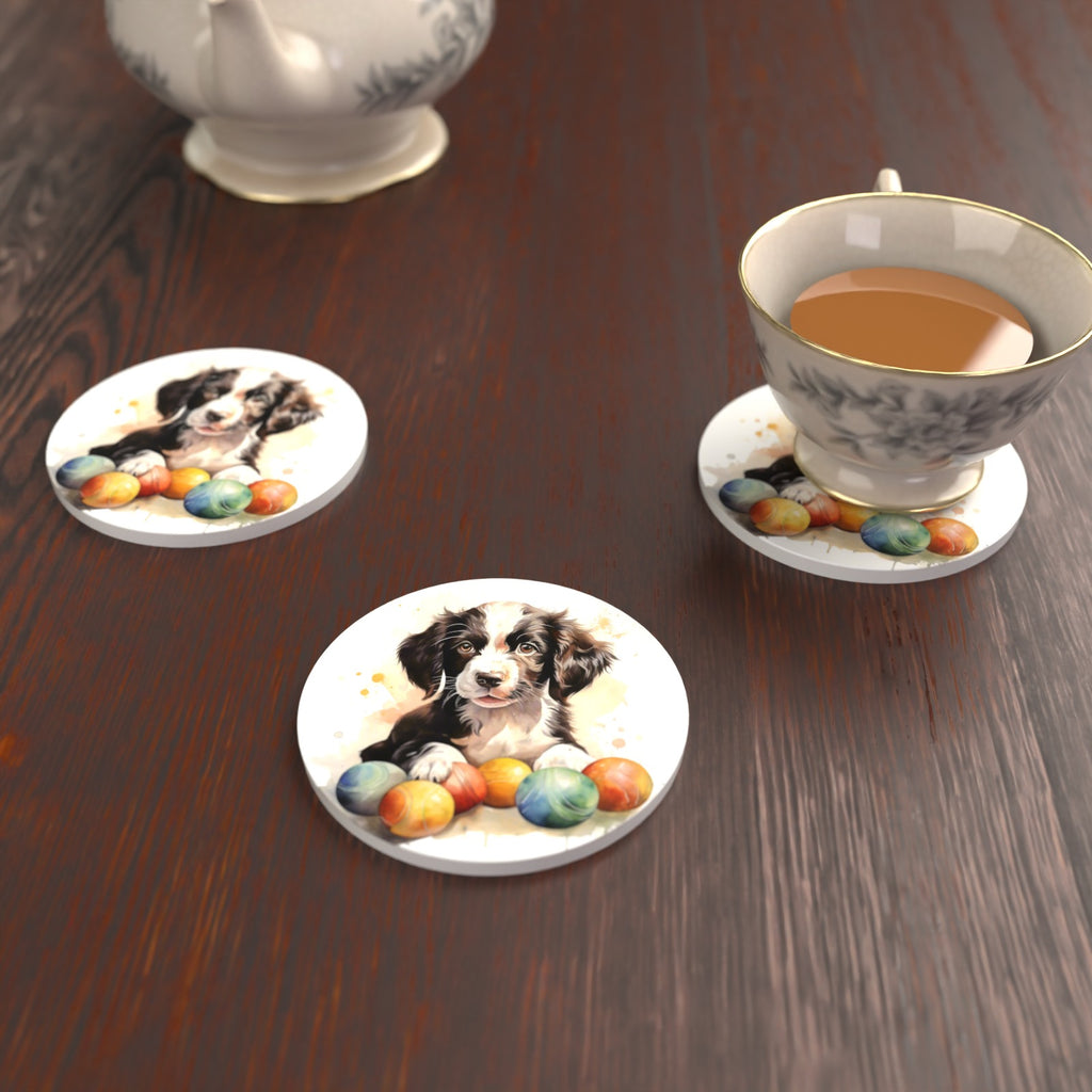 Springer Spaniel Puppy No.2 Round Ceramic Coasters – Set of 6 – lifestyle mockup with a teacup