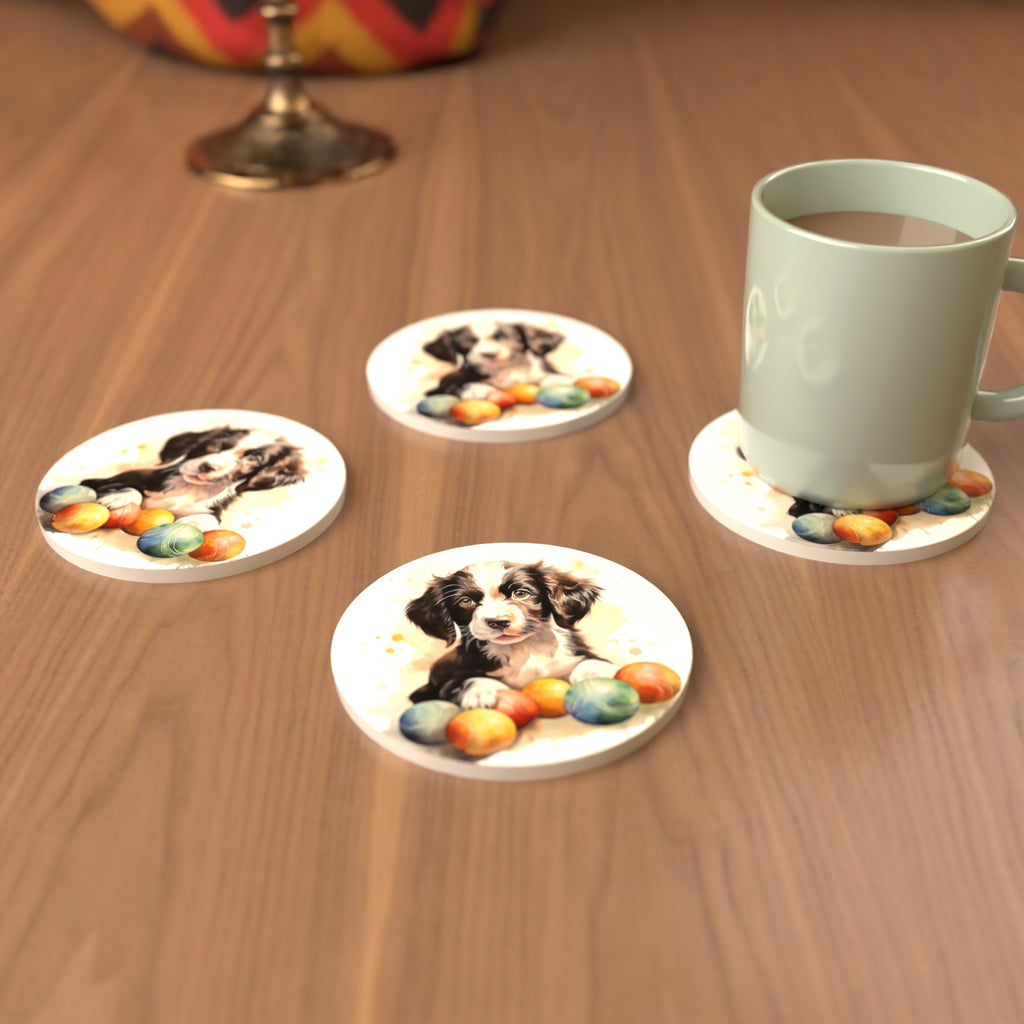 Springer Spaniel Puppy No.2 Round Ceramic Coasters – Set of 6 – cosy lifestyle mockup