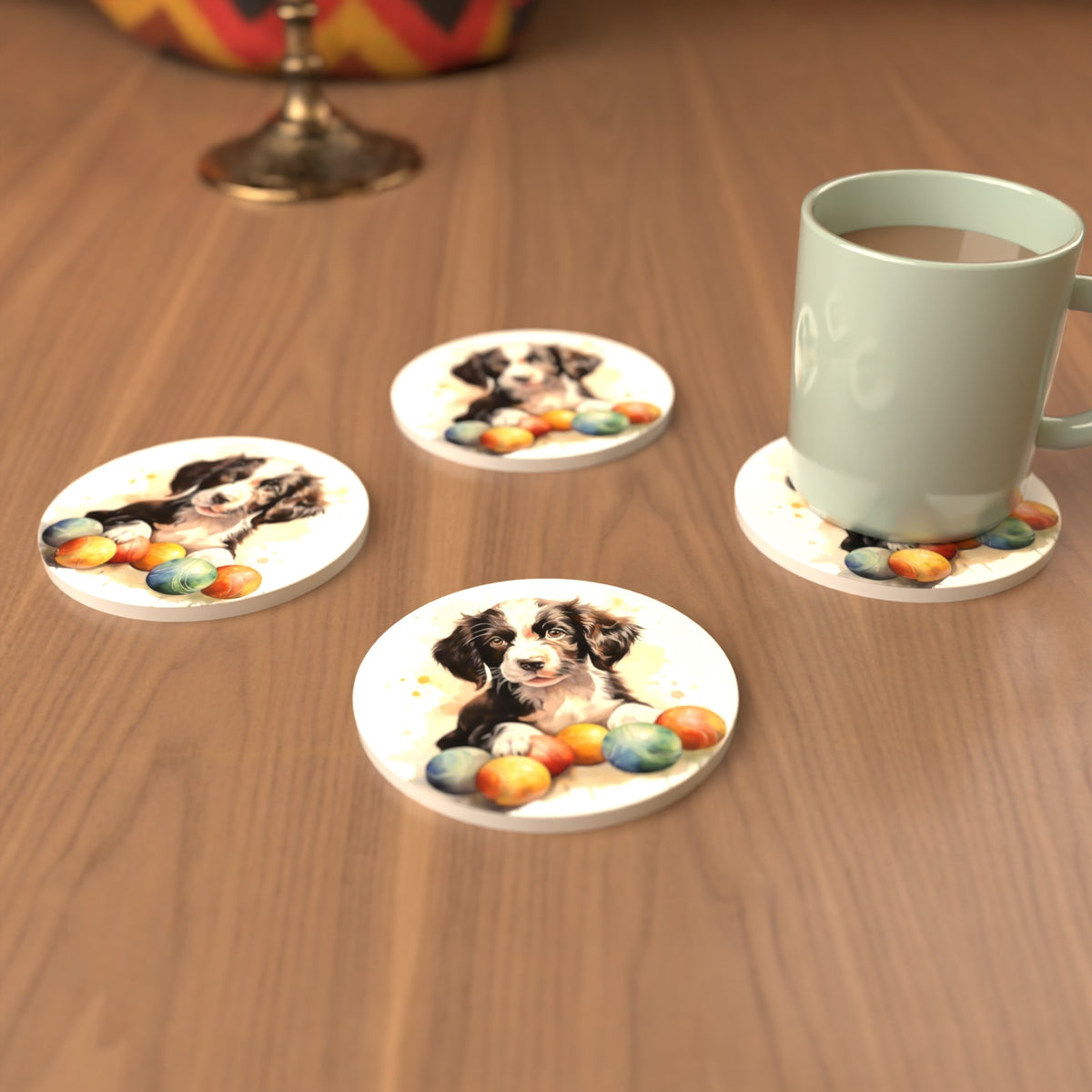 Springer Spaniel Puppy No.2 Round Ceramic Coasters – Set of 6 – cosy lifestyle mockup