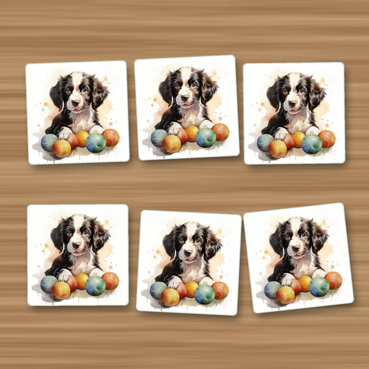 Springer Spaniel Puppy No.2 square glass coasters, set of 6, on an oak coffee table