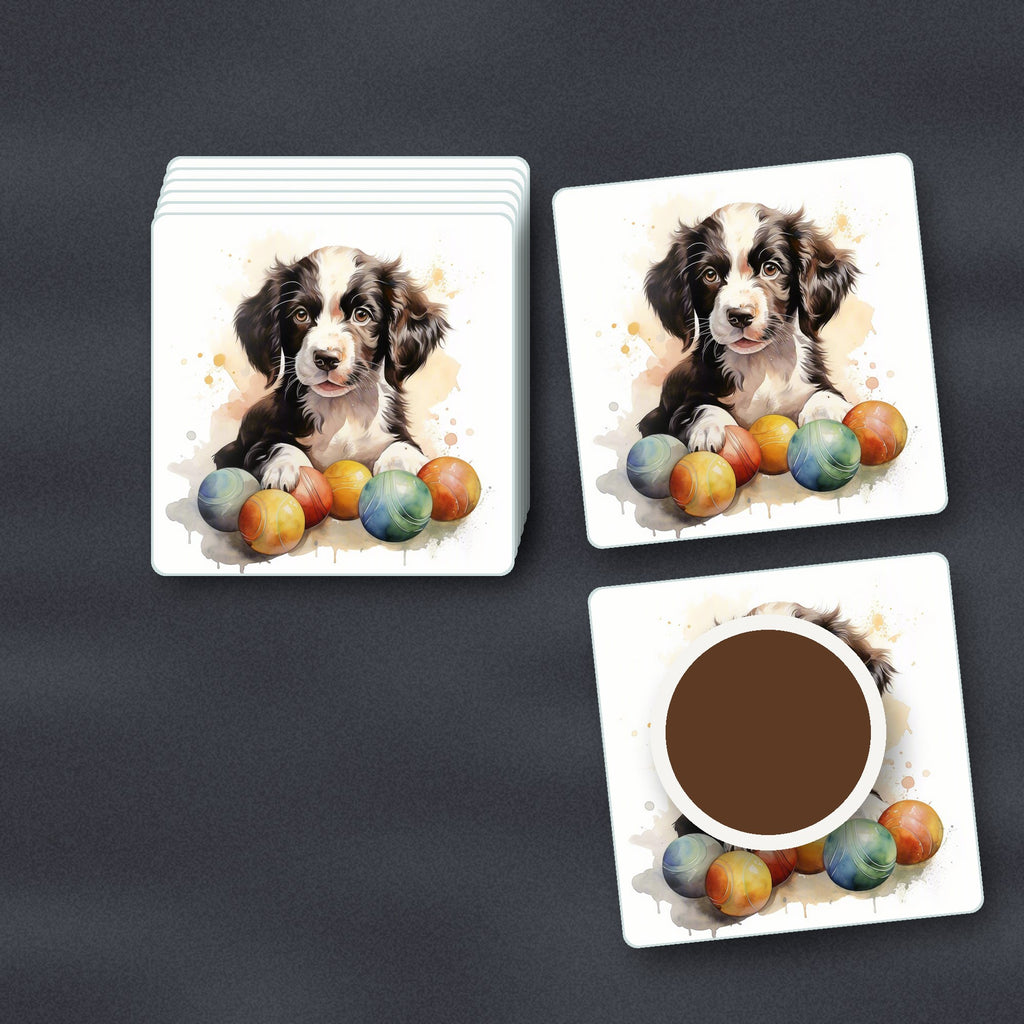 Springer Spaniel Puppy No.2 square glass coasters stacked on a slate kitchen worktop