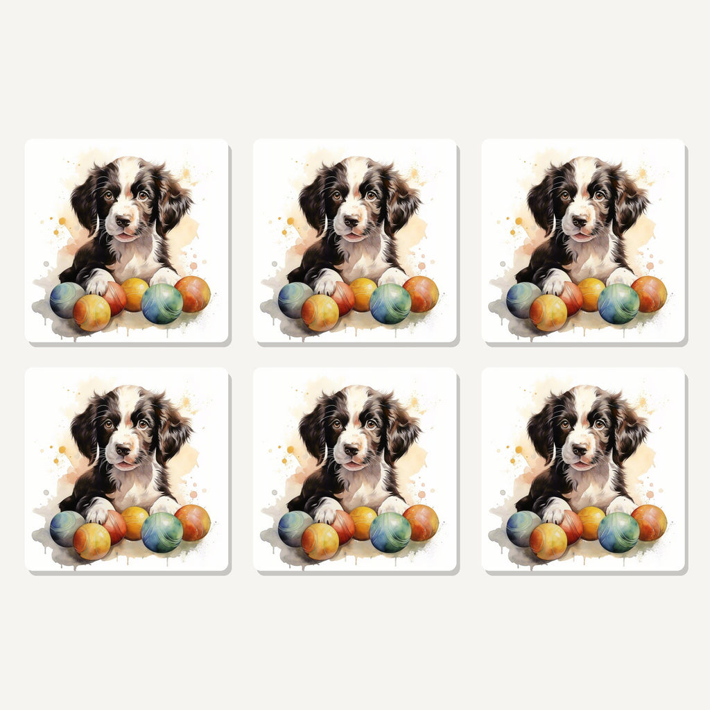 Flat lay of the springer spaniel puppy no.2 artwork on six square coasters