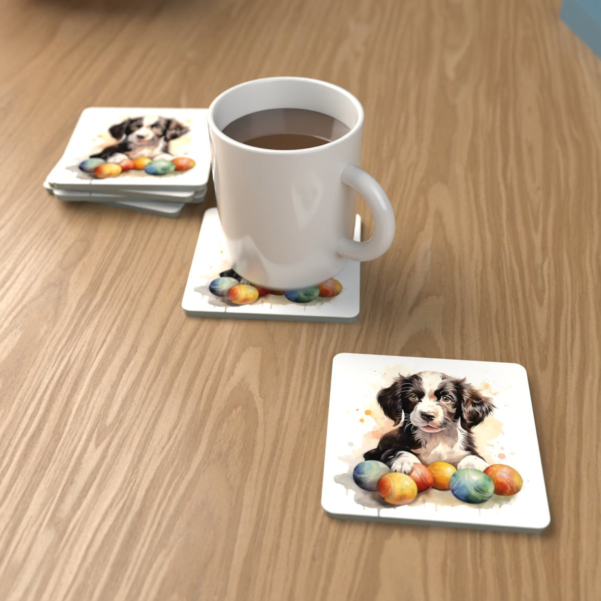 Springer Spaniel Puppy No.2 Square Glass Coasters – Set of 6 – lifestyle mockup with a mug of coffee