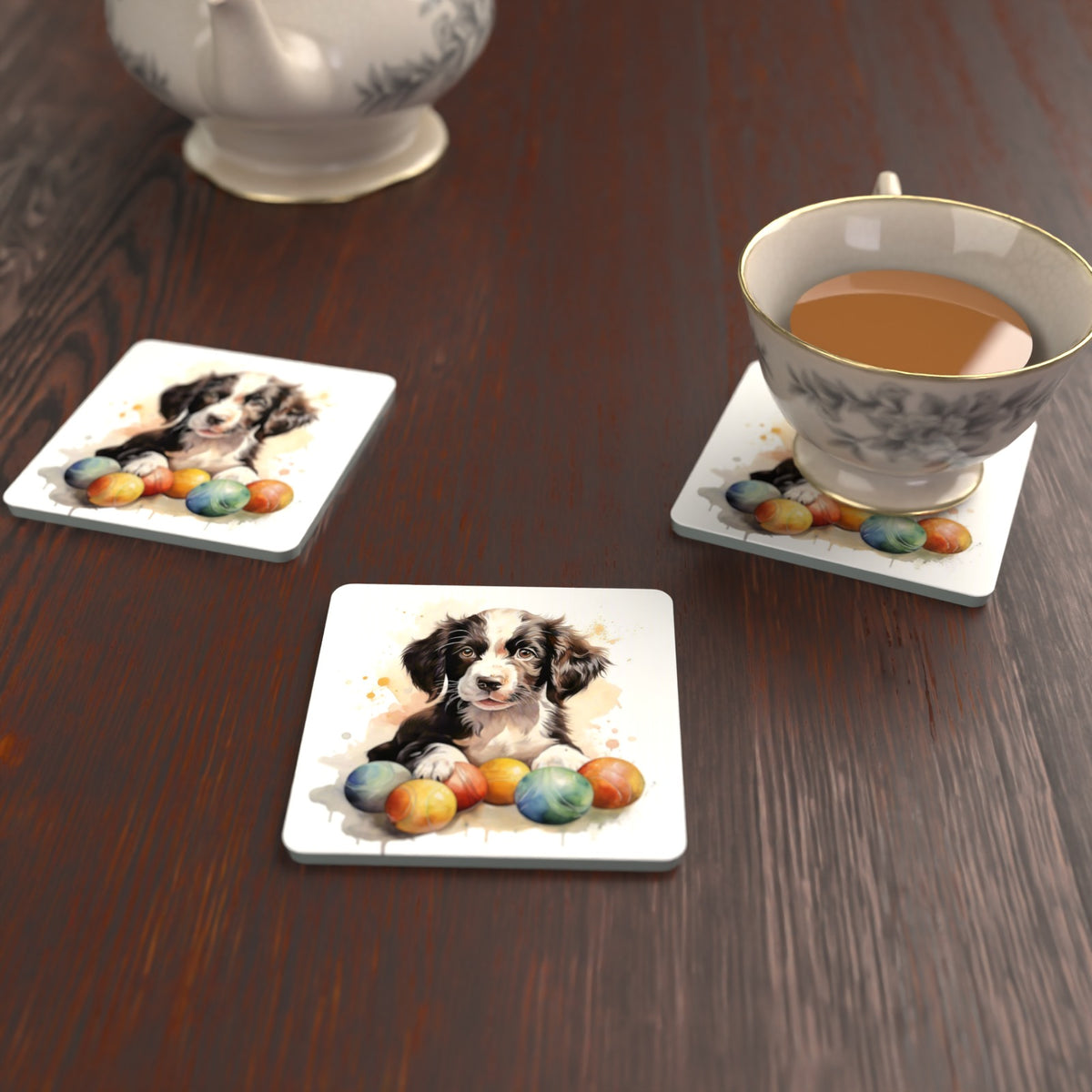 Springer Spaniel Puppy No.2 Square Glass Coasters – Set of 6 – lifestyle mockup with a teacup