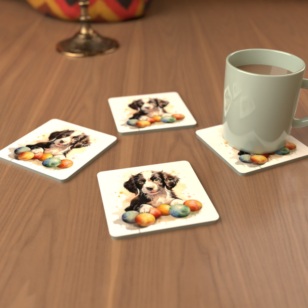 Springer Spaniel Puppy No.2 Square Glass Coasters – Set of 6 – cosy lifestyle mockup