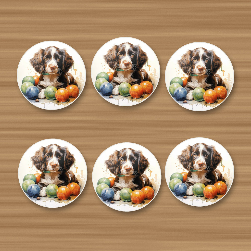 Brown Springer Spaniel Puppy round ceramic coasters, set of 6, on an oak coffee table