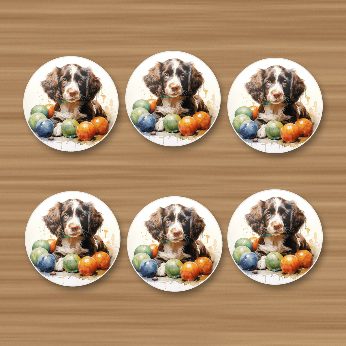 Brown Springer Spaniel Puppy round ceramic coasters, set of 6, on an oak coffee table