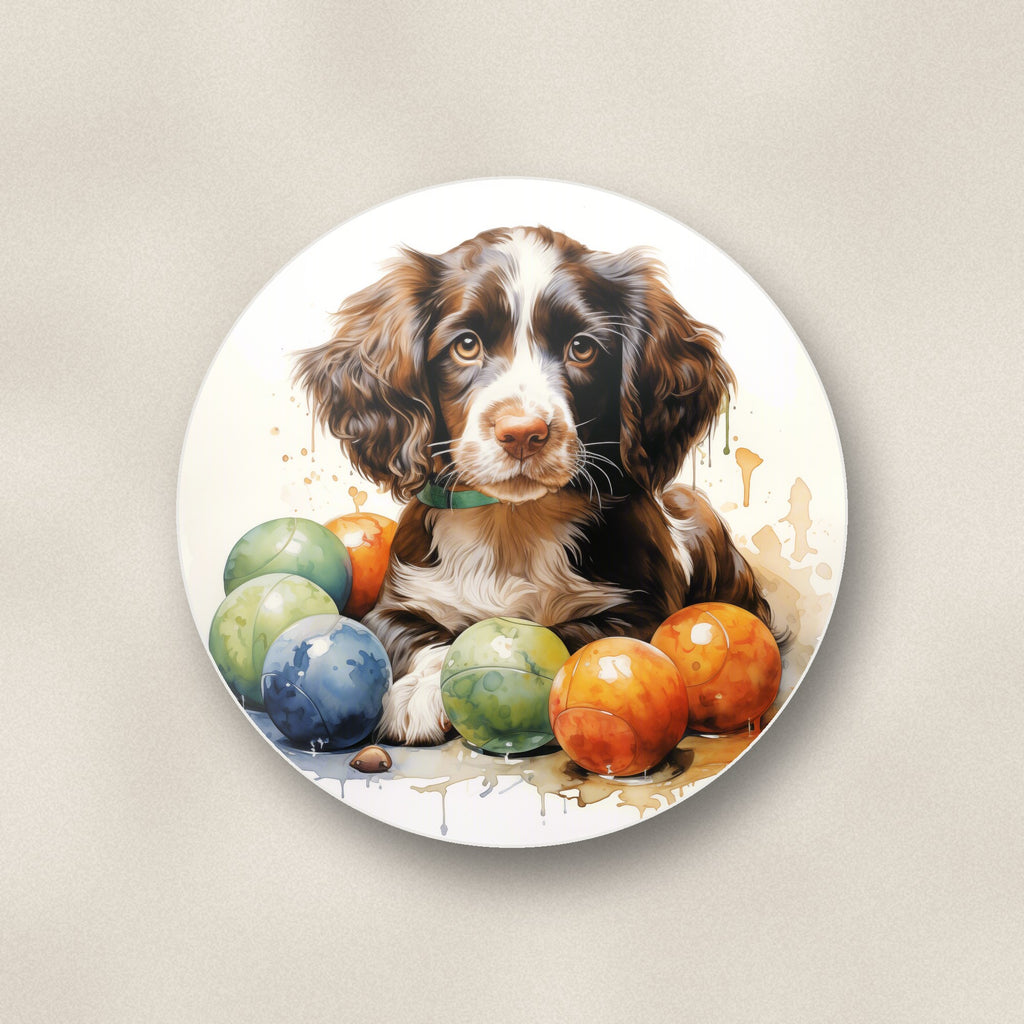 Close-up of one brown springer spaniel puppy round ceramic coaster, flat UV print