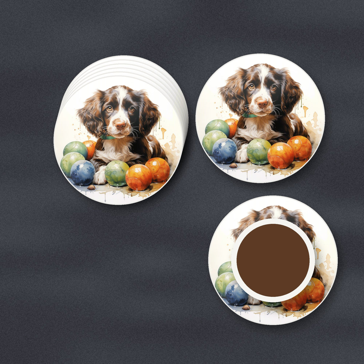 Brown Springer Spaniel Puppy round ceramic coasters stacked on a slate kitchen worktop