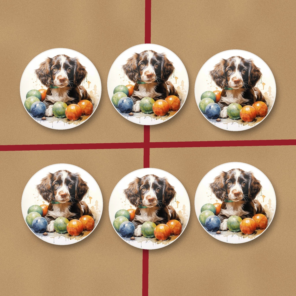 Brown Springer Spaniel Puppy round ceramic coasters on kraft gift wrap