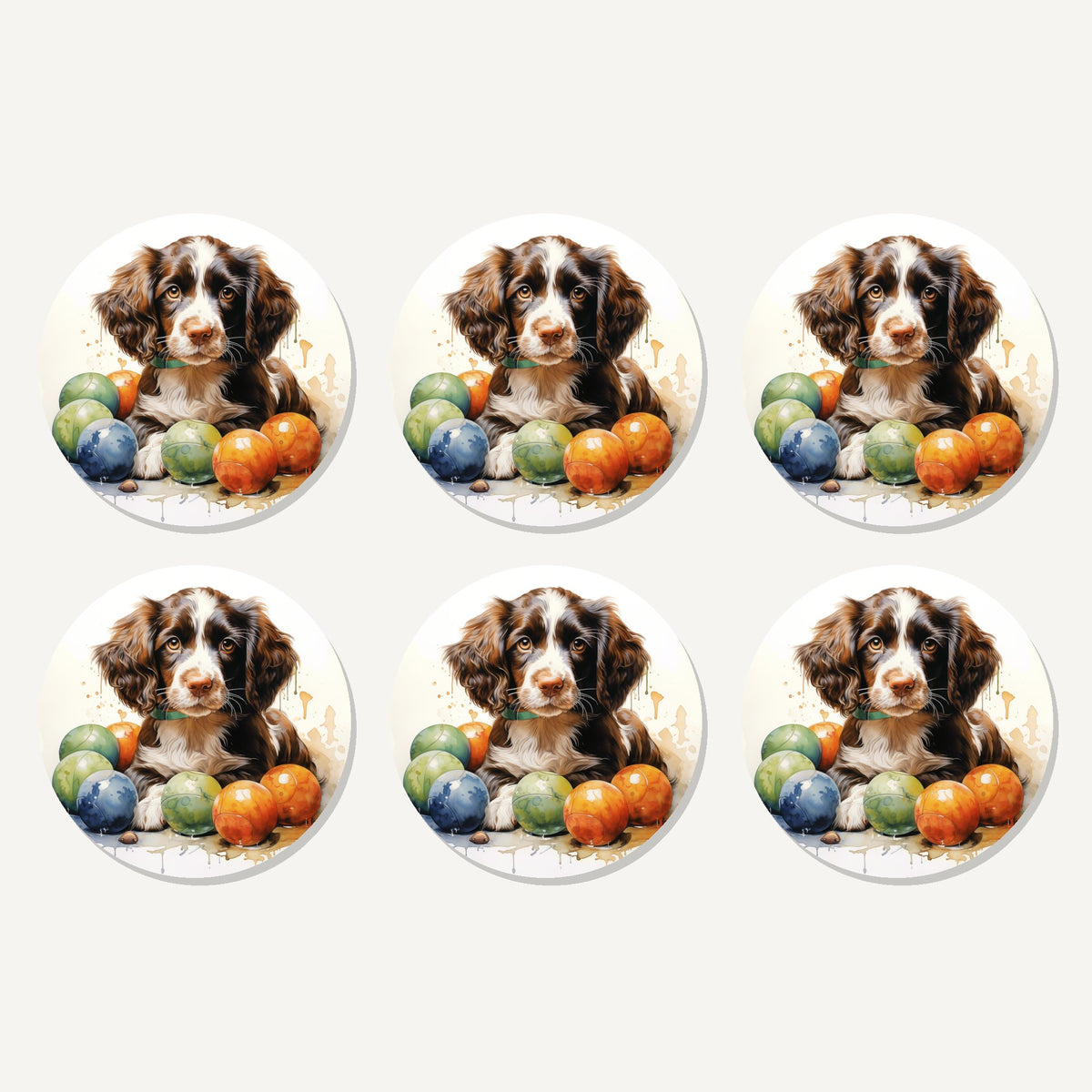 Flat lay of the brown springer spaniel puppy artwork on six round coasters