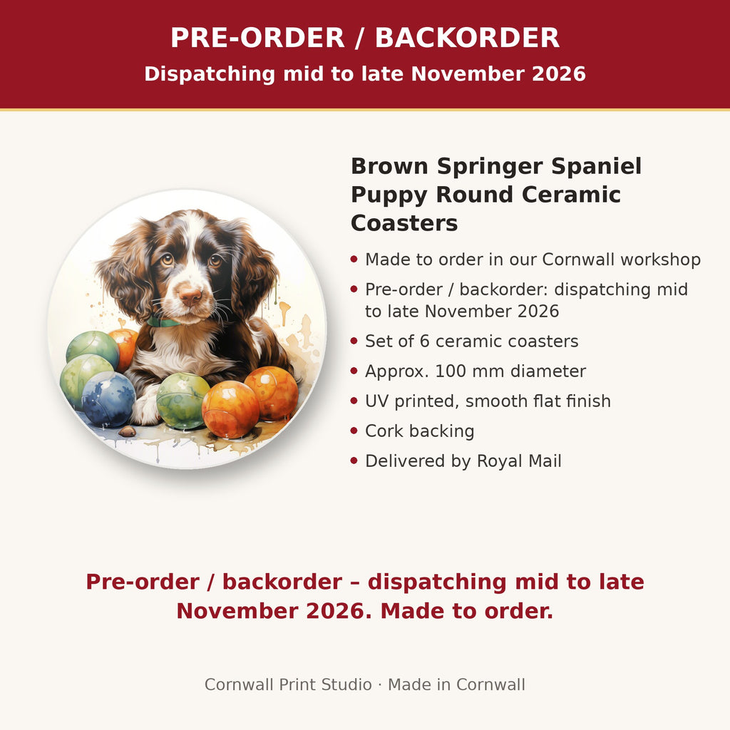 Info card: Brown Springer Spaniel Puppy Round Ceramic Coasters – Set of 6, made to order, dispatching mid to late November 2026, delivered by Royal Mail