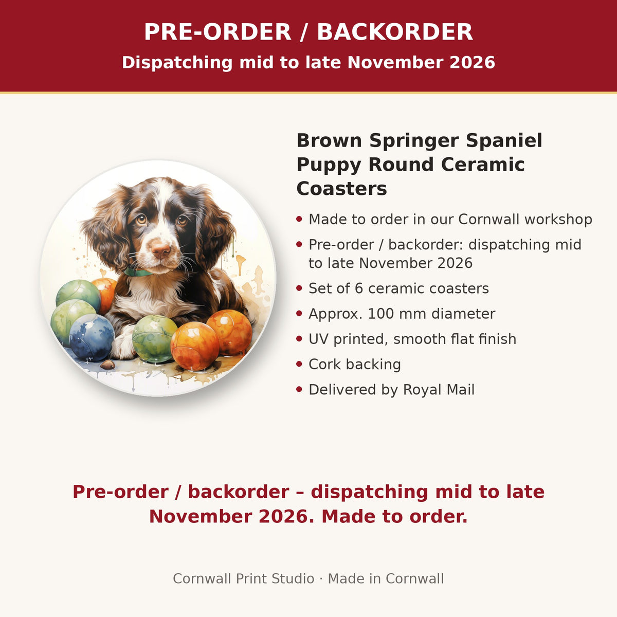 Info card: Brown Springer Spaniel Puppy Round Ceramic Coasters – Set of 6, made to order, dispatching mid to late November 2026, delivered by Royal Mail