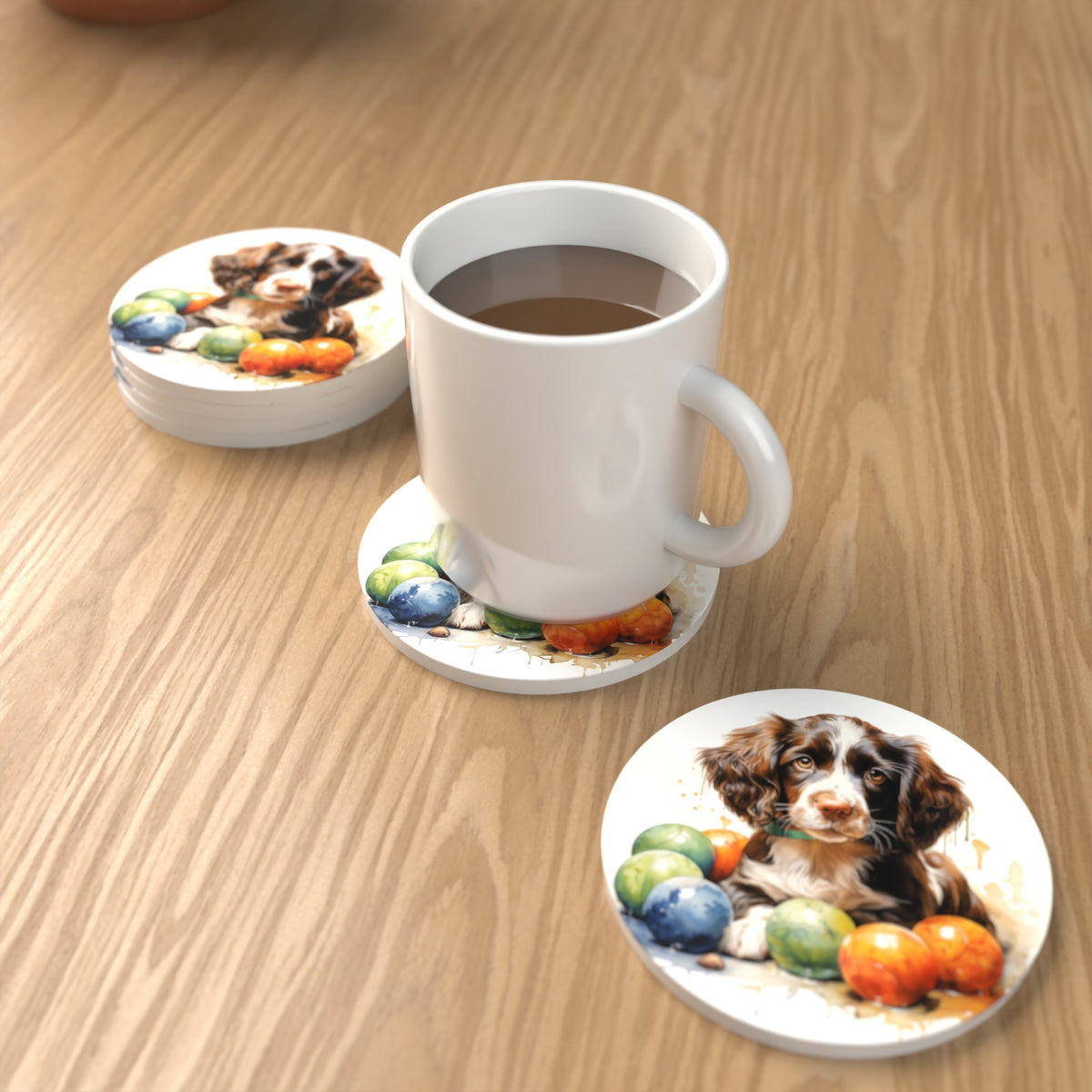 Brown Springer Spaniel Puppy Round Ceramic Coasters – Set of 6 – lifestyle mockup with a mug of coffee