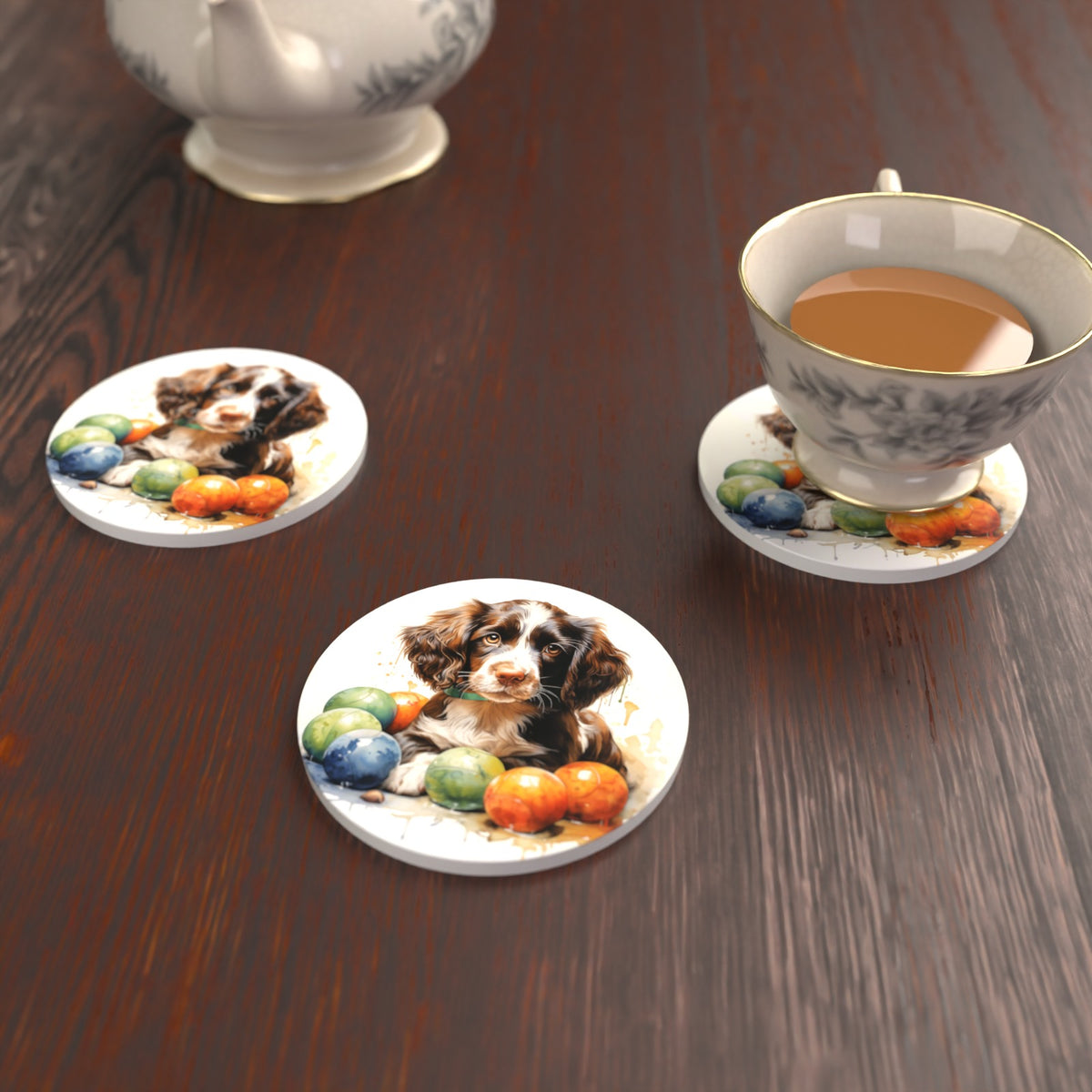 Brown Springer Spaniel Puppy Round Ceramic Coasters – Set of 6 – lifestyle mockup with a teacup