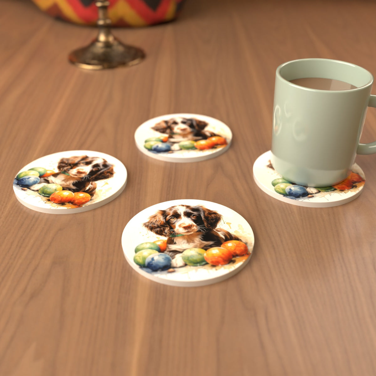 Brown Springer Spaniel Puppy Round Ceramic Coasters – Set of 6 – cosy lifestyle mockup