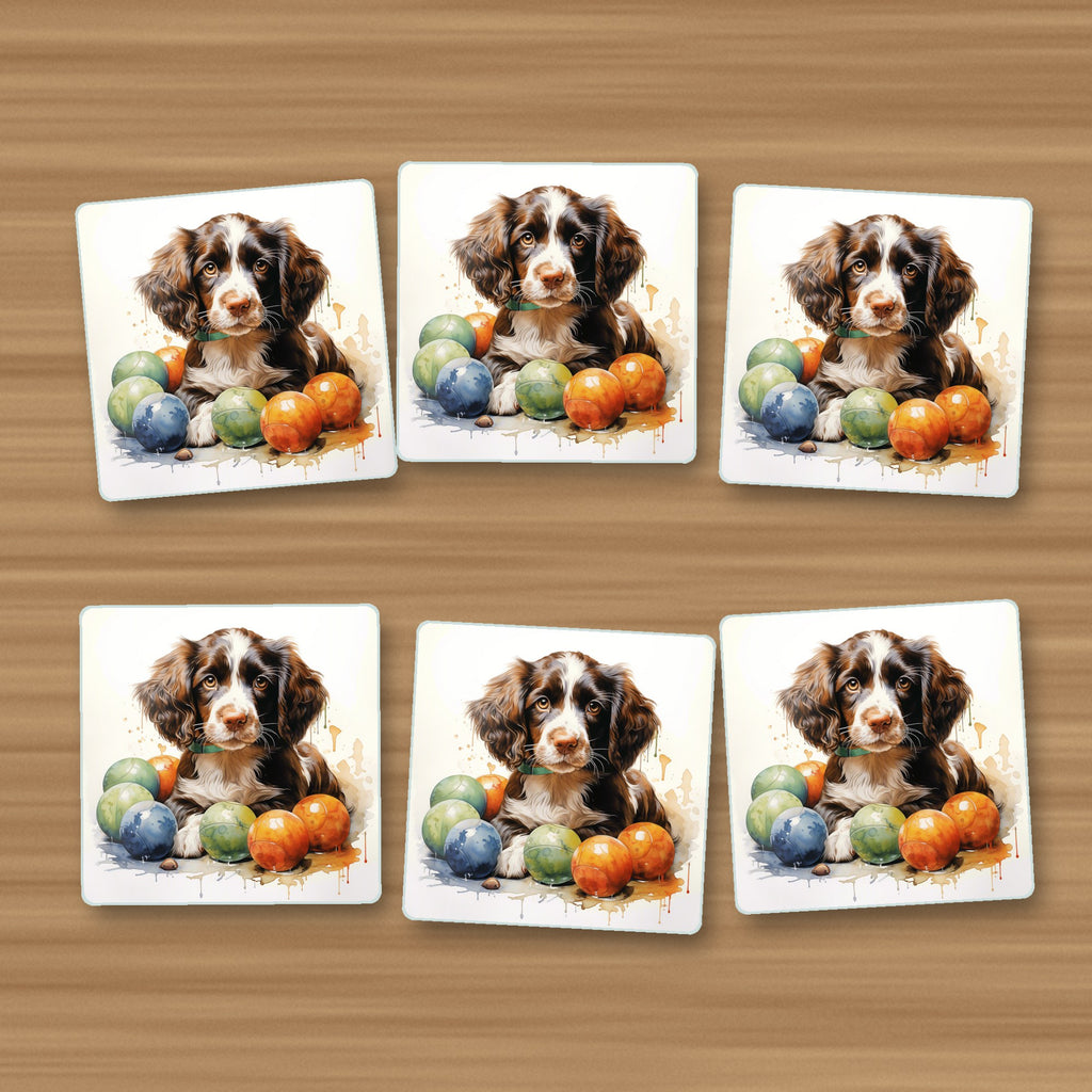 Brown Springer Spaniel Puppy square glass coasters, set of 6, on an oak coffee table